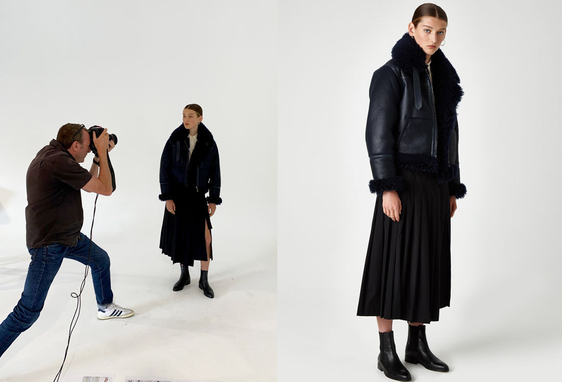 behind-the-scene-shooting-AW19/20-gushlow-and-cole-navy-sheaarling-jacket