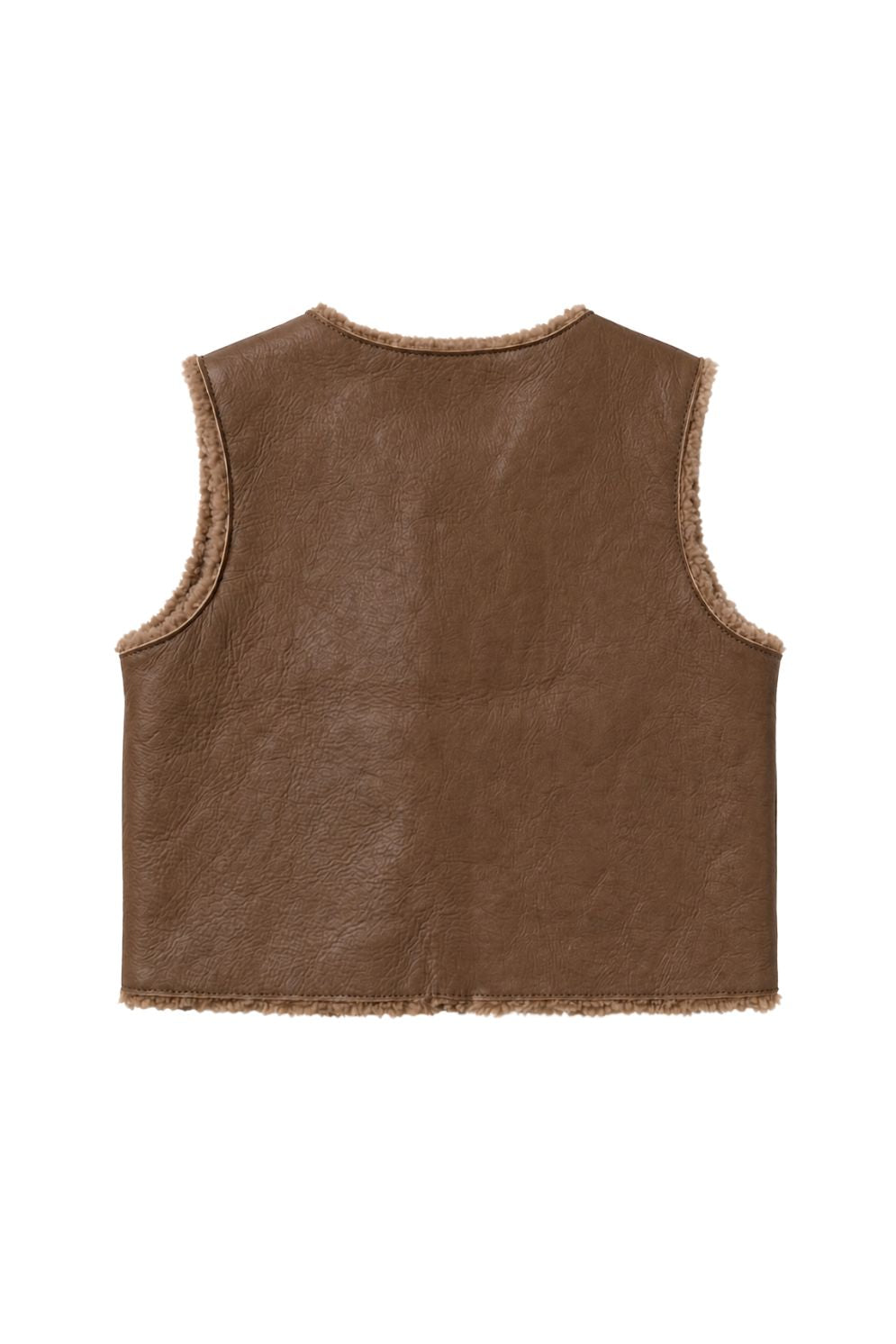 back view of albie camel kids teddy shearling gilet on white background by gushlow & Cole