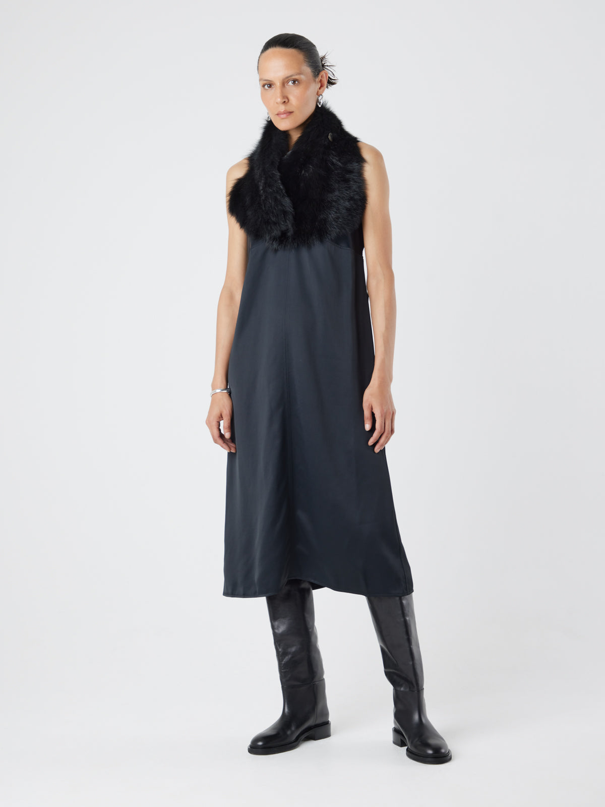 Baby Button Black Shearling Scarf | Womens | Gushlow & Cole-model with scarf down
