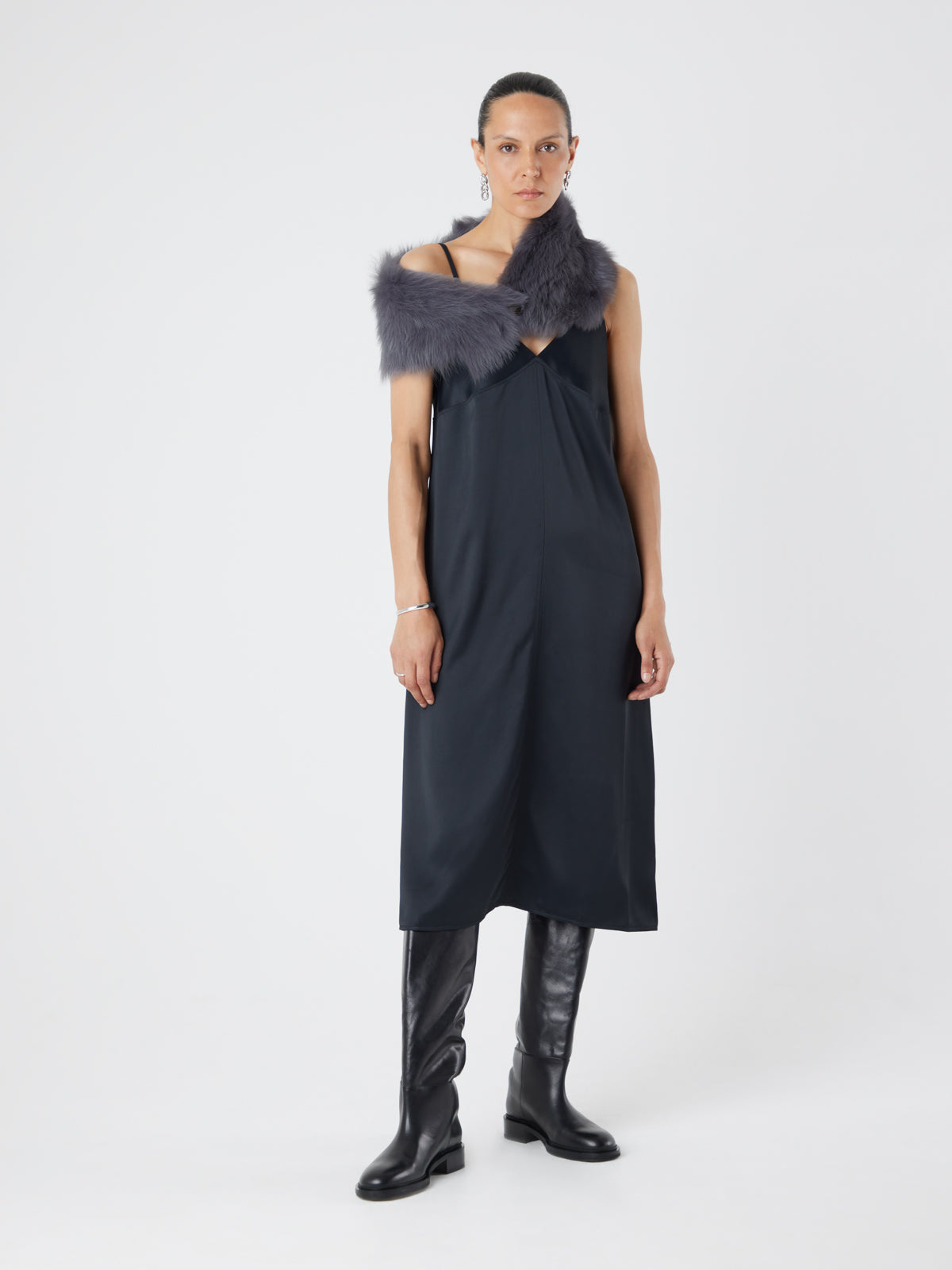 Baby Button Grey Shearling Scarf | Womens | Gushlow & Cole - full length model