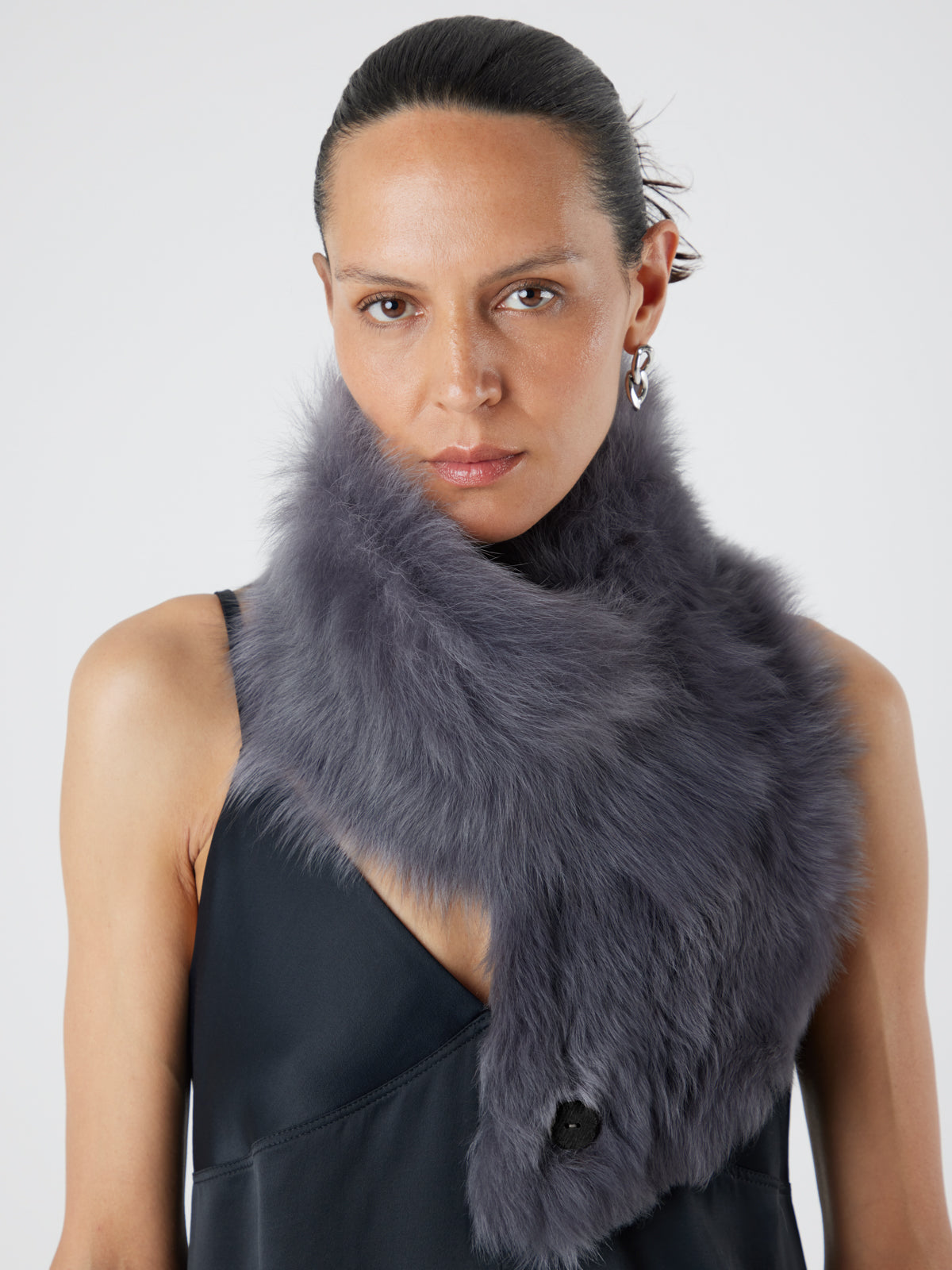 Baby Button Grey Shearling Scarf | Womens | Gushlow & Cole - crop model