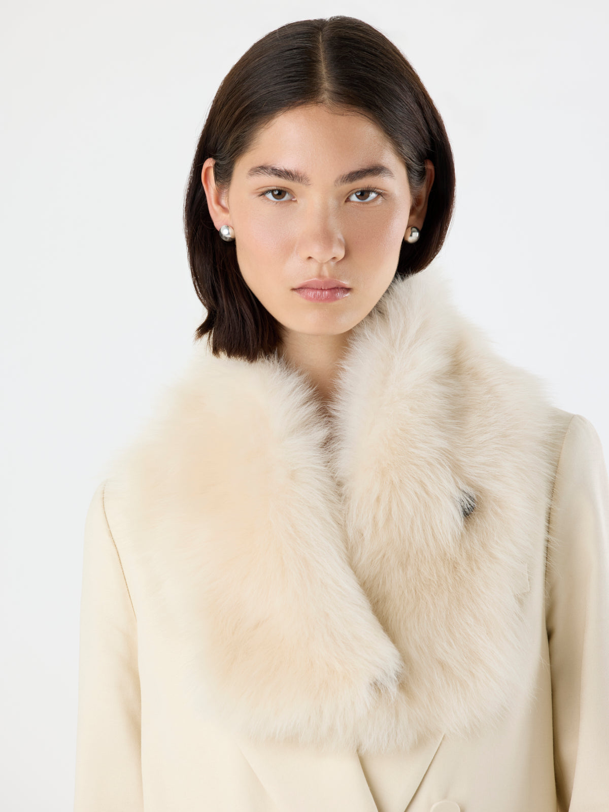 woman wearing Baby Button Cream Shearling Scarf by gushlow & cole