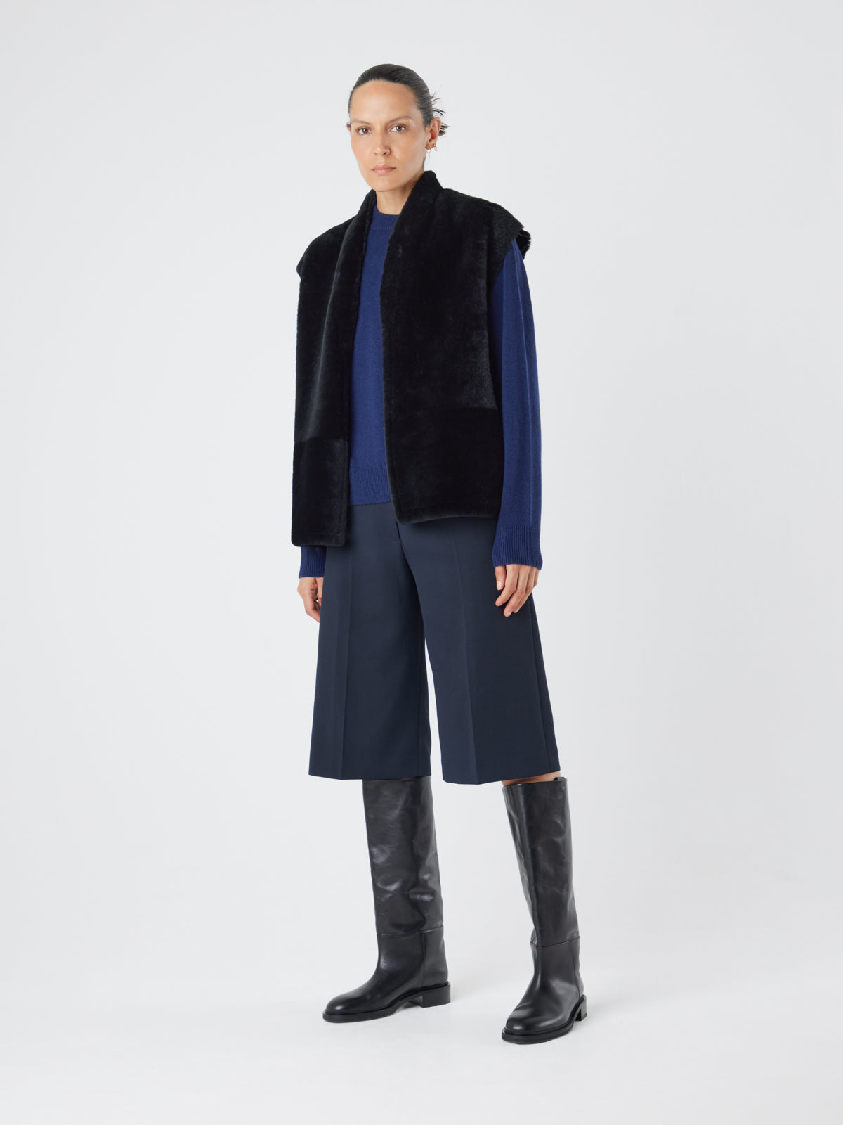 Black Boxy Shearling Gilet | Womens | Gushlow & Cole - model front