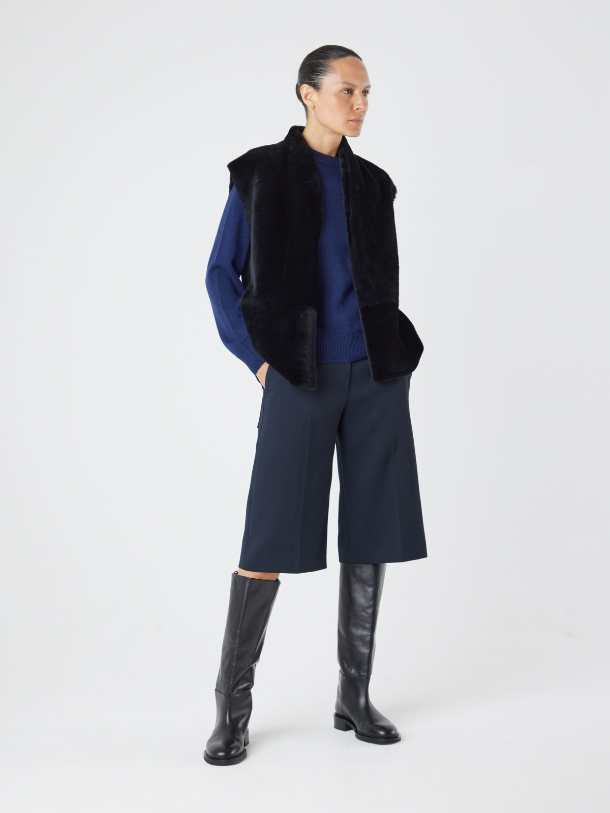 Black Boxy Shearling Gilet | Womens | Gushlow & Cole - model front side