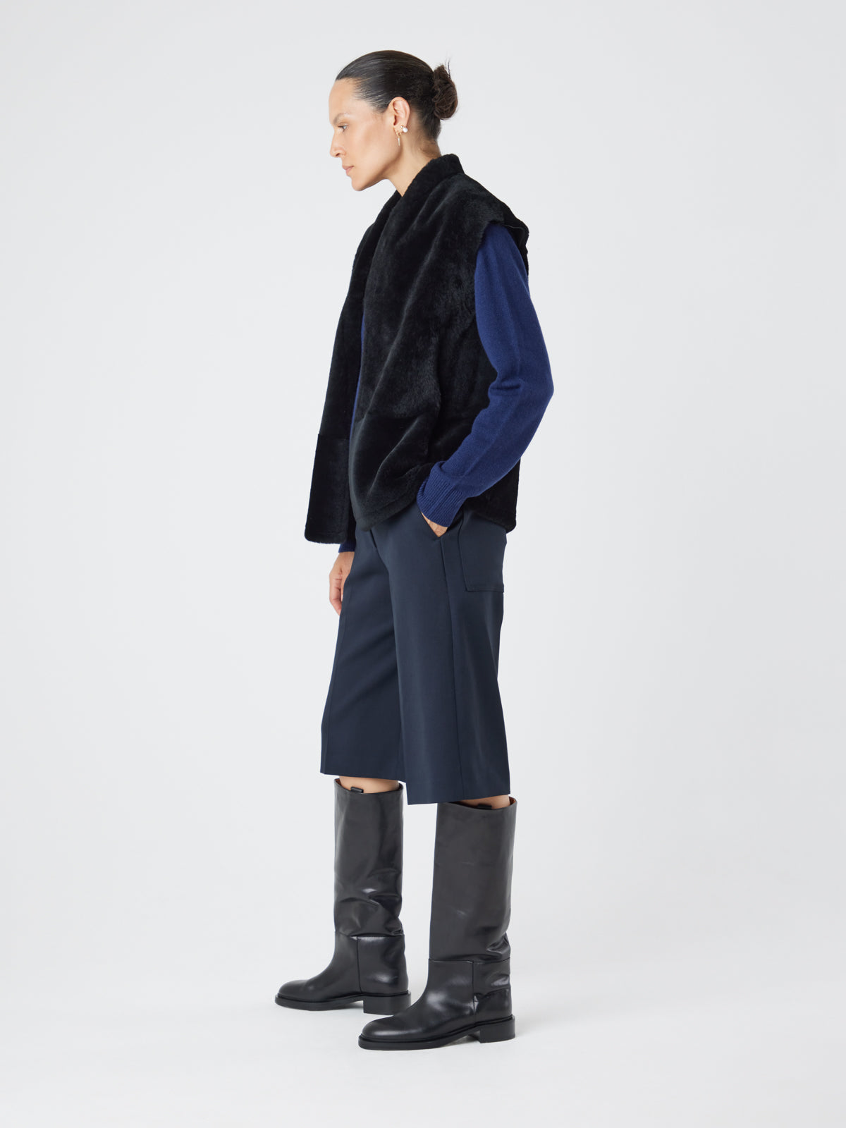 Black Boxy Shearling Gilet | Womens | Gushlow & Cole - model side