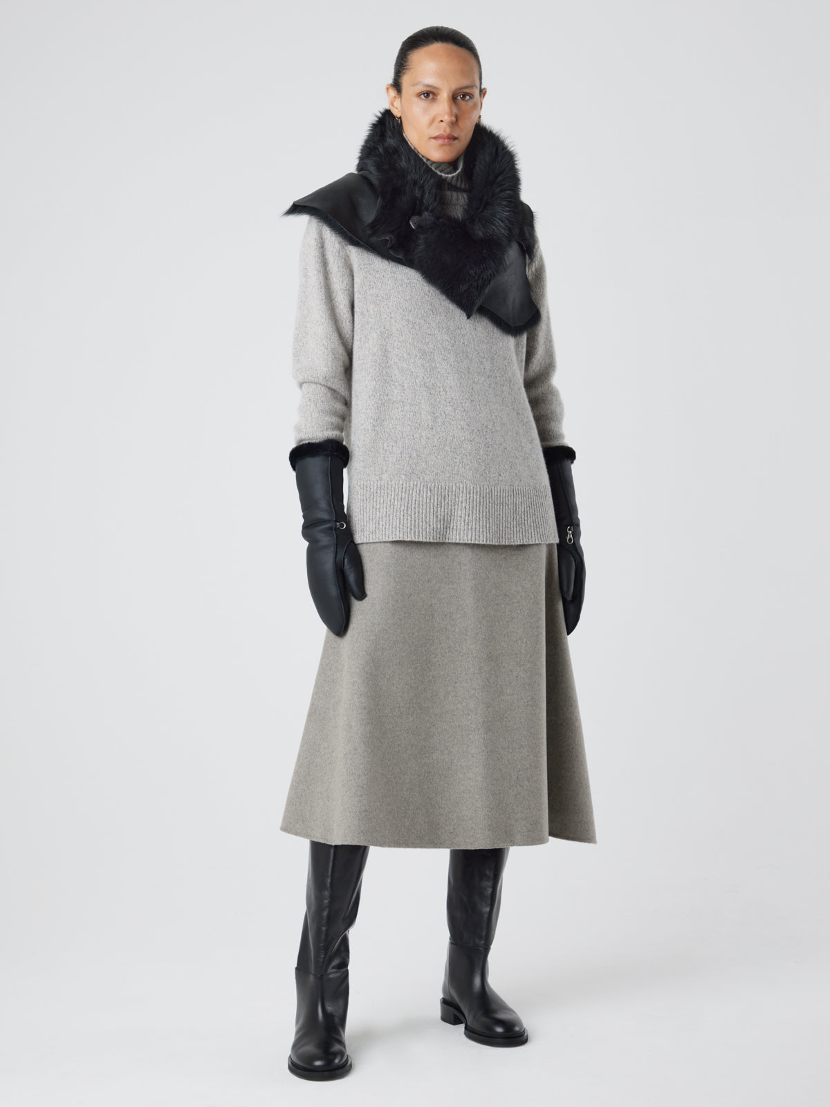 Black Gauntlet Shearling Mittens gushlow and cole - gloves on model full length