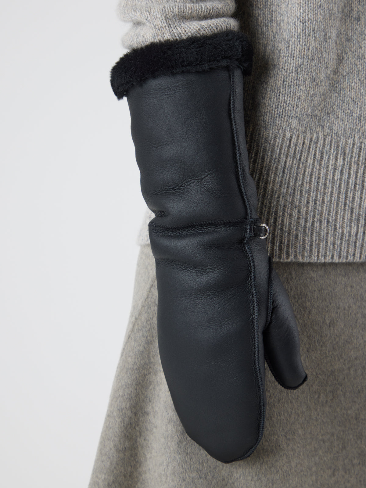 Black Gauntlet Shearling Mittens gushlow and cole - gloves on model crop in
