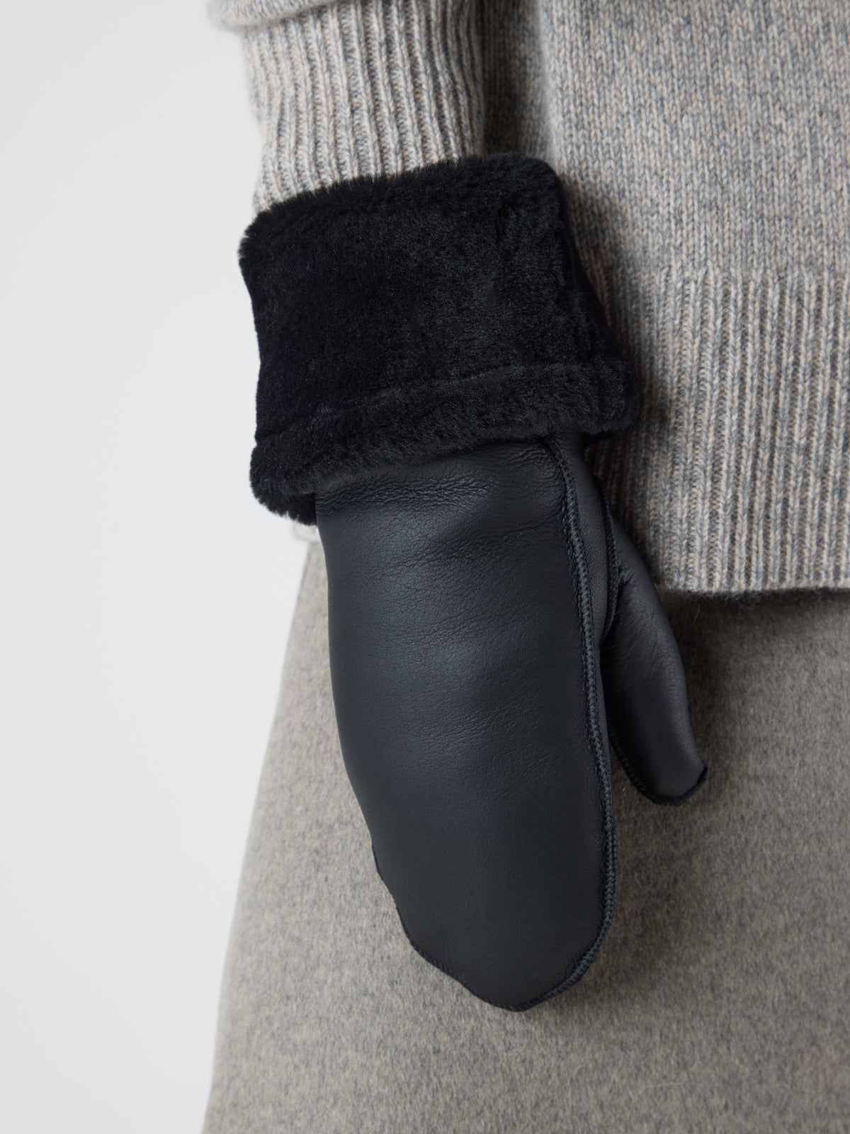 Black Gauntlet Shearling Mittens gushlow and cole - gloves on model crop in