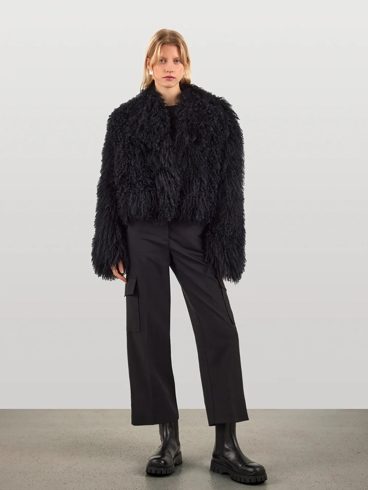 Black Mongolian Jacket | Womens Luxury Shearling | gushlow & cole - model front on full length jacket done up