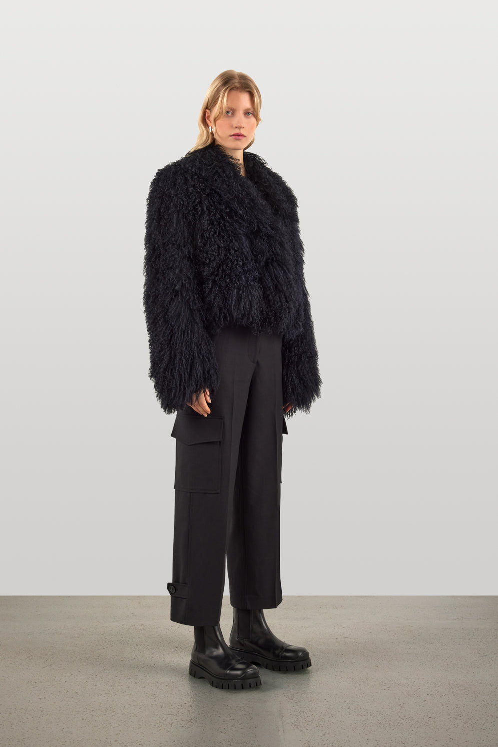 Black Mongolian Jacket | Womens Luxury Shearling | gushlow & cole - model side on full length