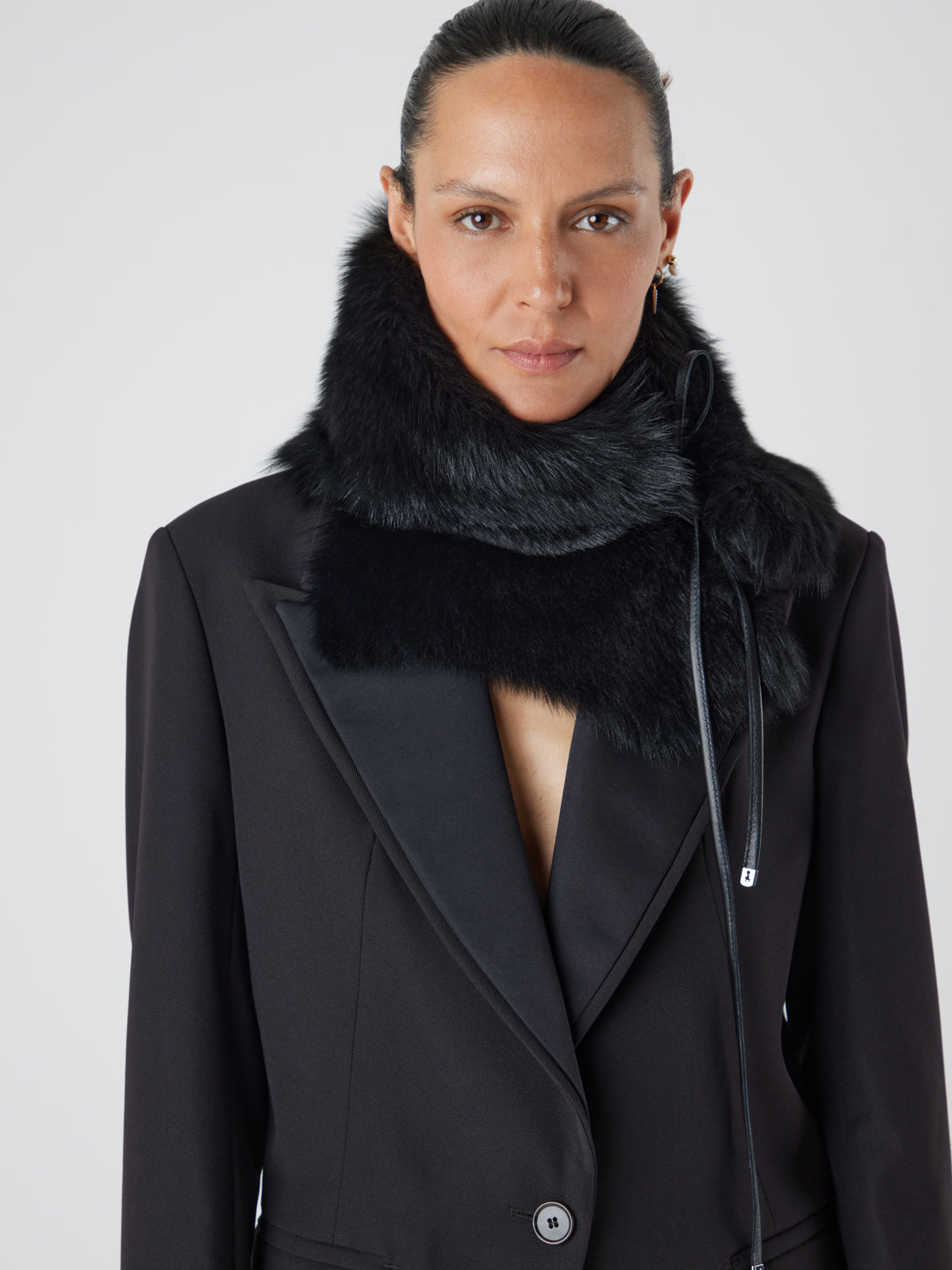 Black Shearling Shawl Scarf | Womens | Gushlow & Cole - scarf snood on model crop