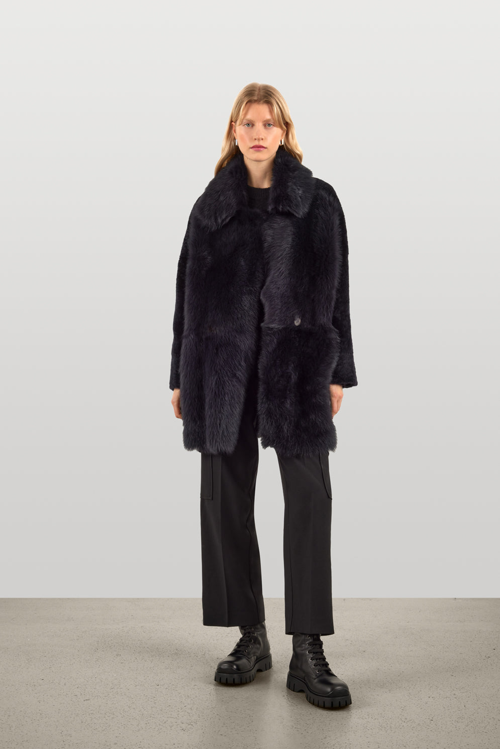 Black Shearling Taper Coat | Womens Luxury Shearling | Gushlow & Cole | model full length front