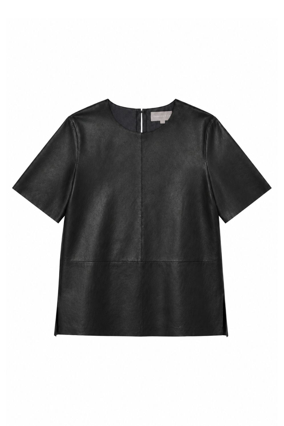 black leather t shirt top on white background by gushlow & cole