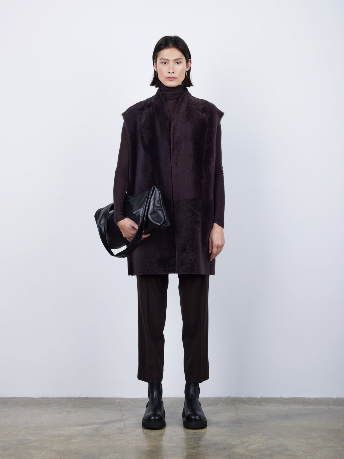 Brown Boxy Shearling Gilet | Womens | Gushlow & Cole- full length model front