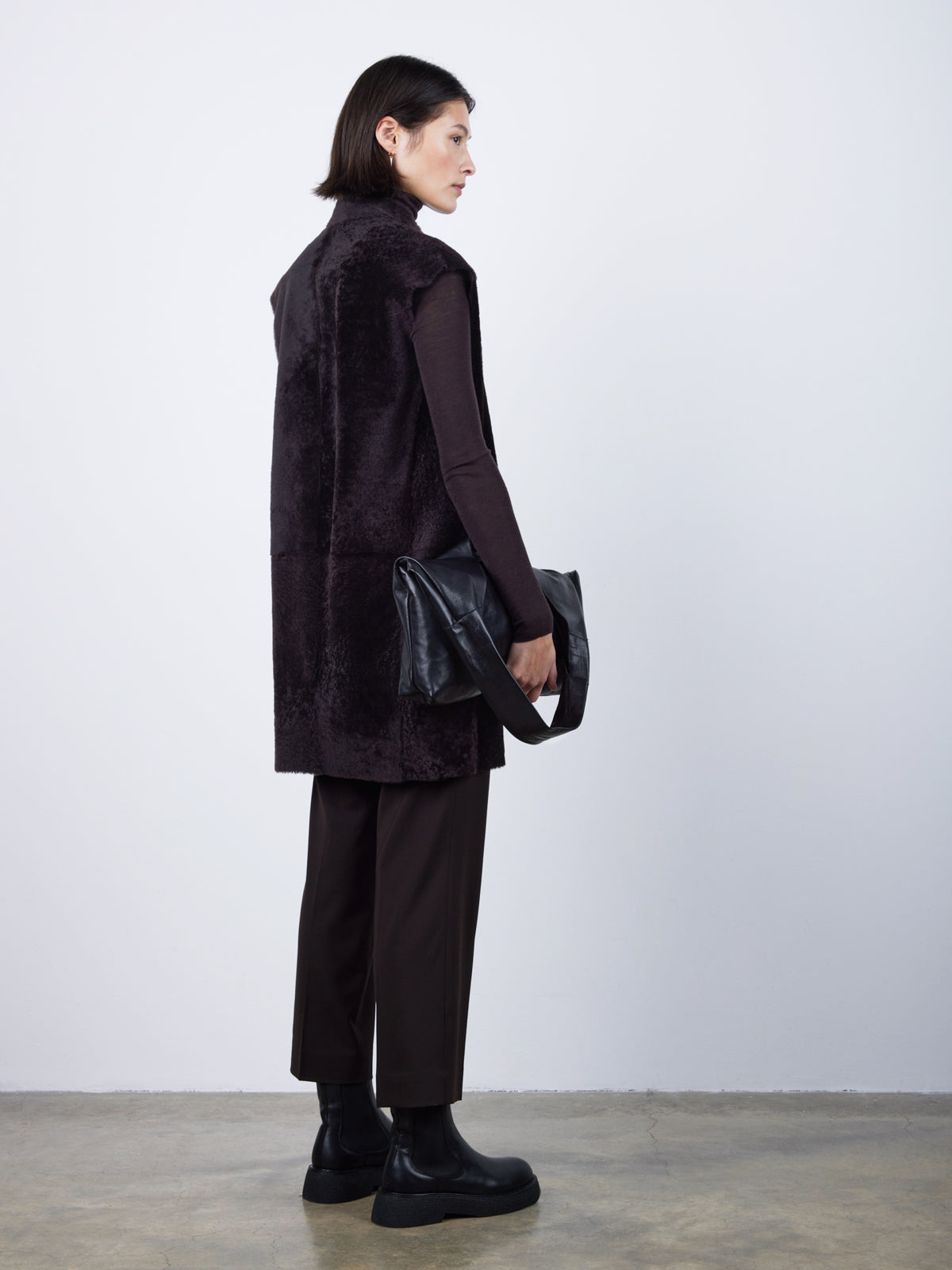 Brown Boxy Shearling Gilet | Womens | Gushlow & Cole- full length model back