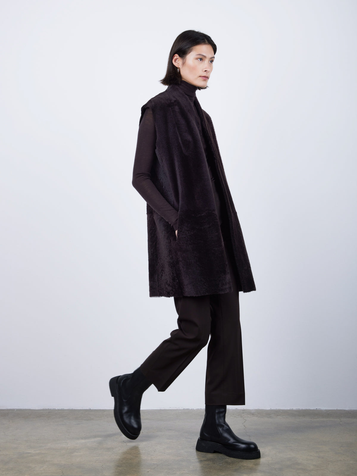 Brown Boxy Shearling Gilet | Womens | Gushlow & Cole- full length model walking