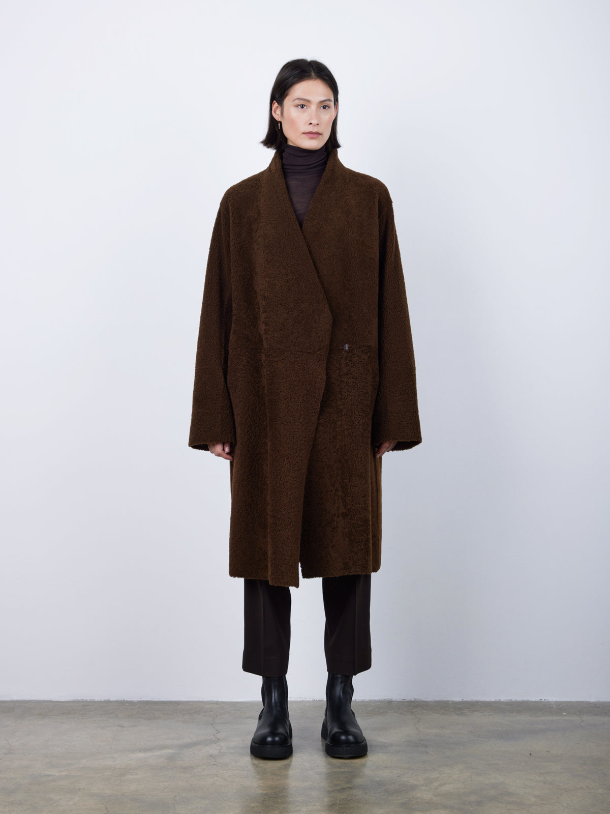 Brown Collarless Shearling Wrap Coat | Womens | Gushlow & Cole - model front
