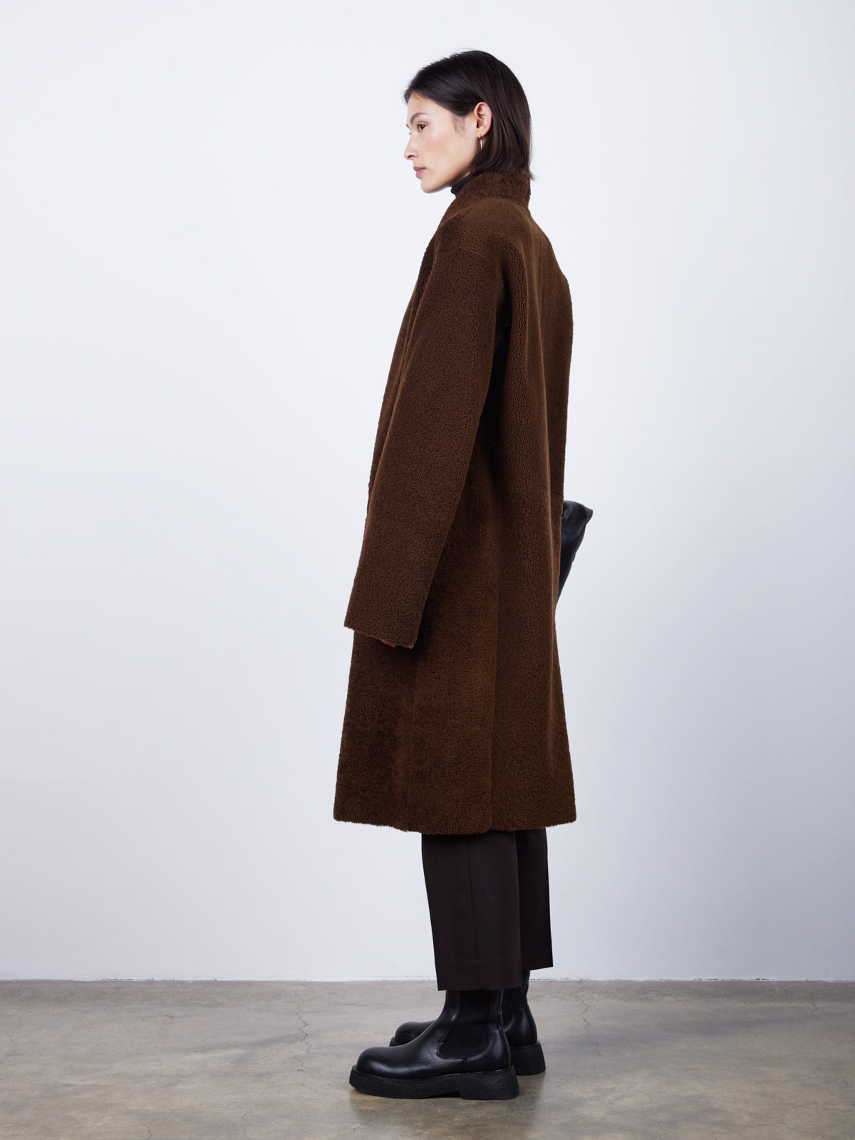 Brown Collarless Shearling Wrap Coat | Womens | Gushlow & Cole - model side
