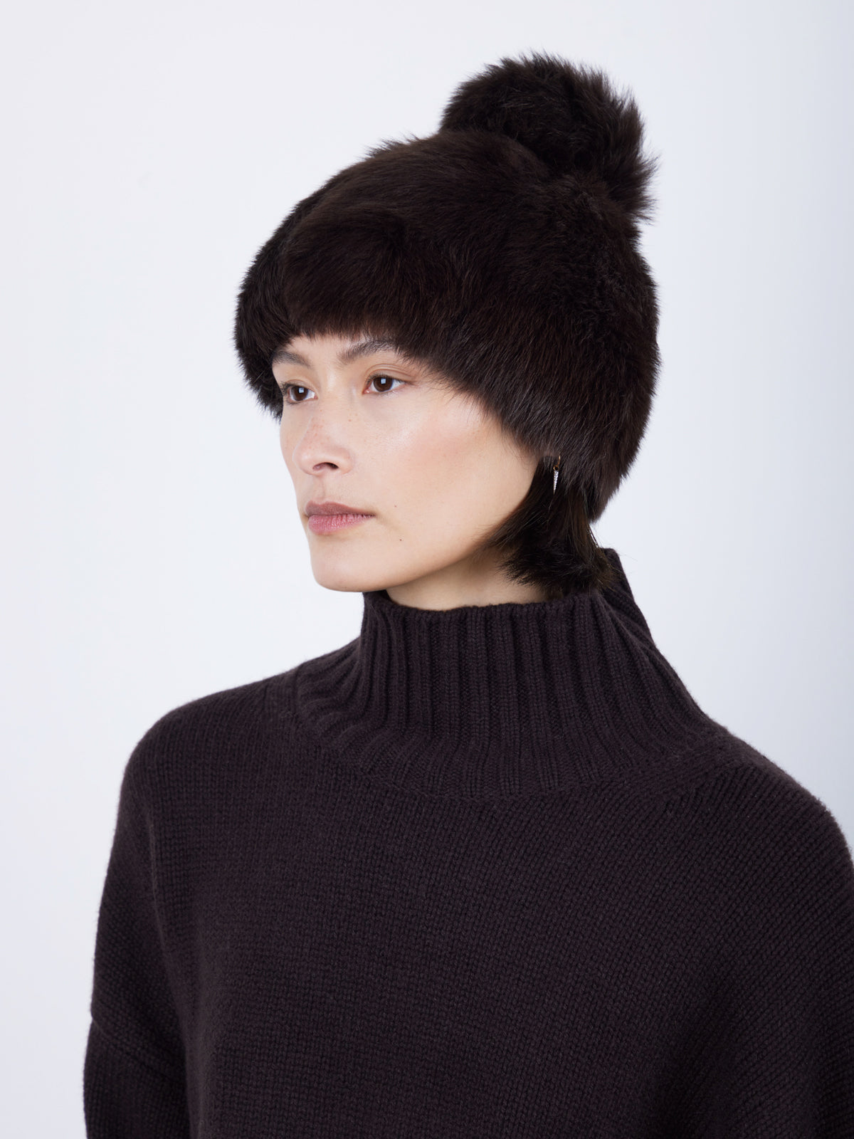 Brown Shearling Bobble Hat | Womens | Gushlow & Cole - model side profile