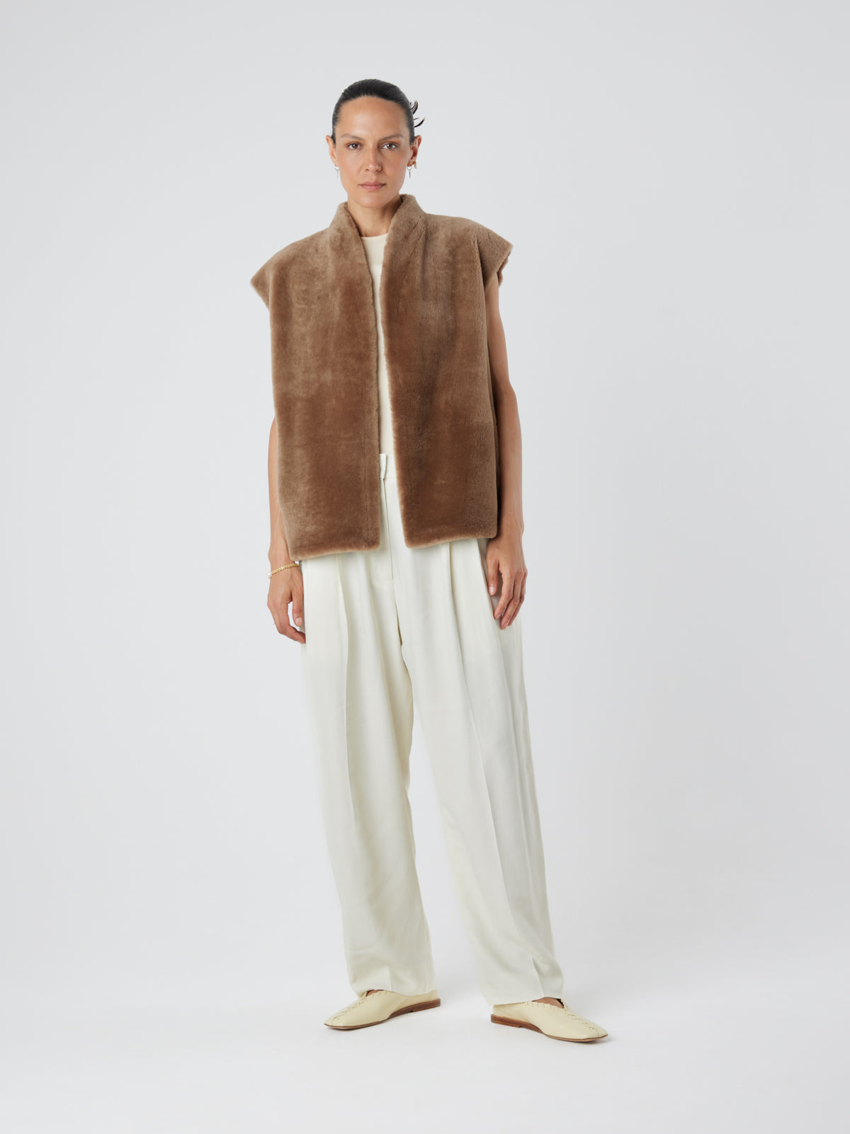 Camel Boxy Shearling Gilet | Womens | Gushlow & Cole - model front