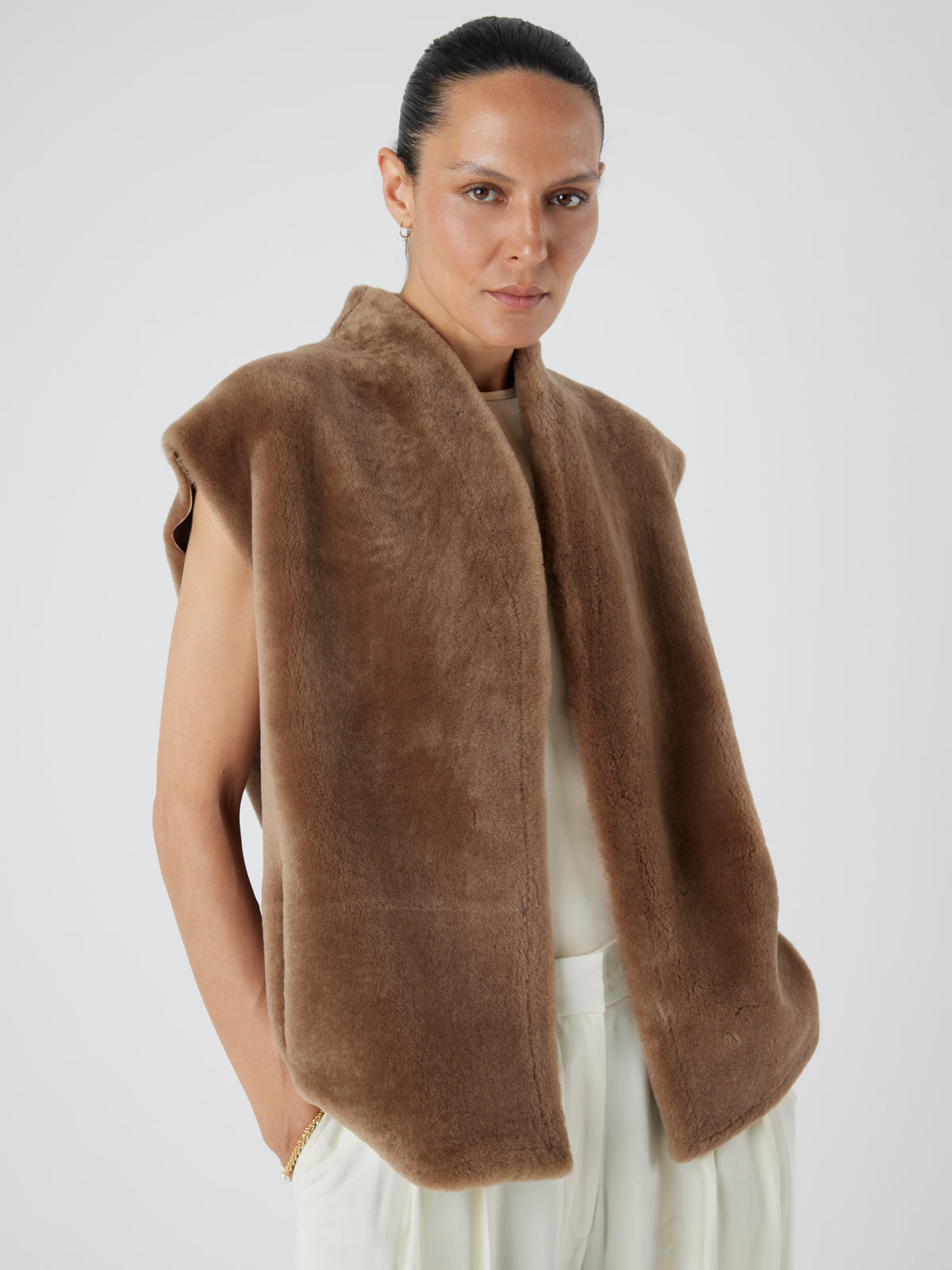 Camel Boxy Shearling Gilet | Womens | Gushlow & Cole - model crop