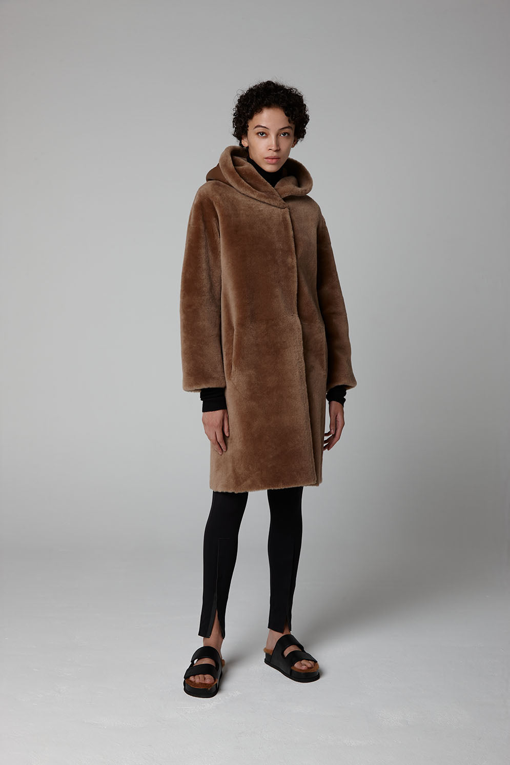 Camel Hooded Shearling Coat - model full length closed - women | Gushlow & Cole