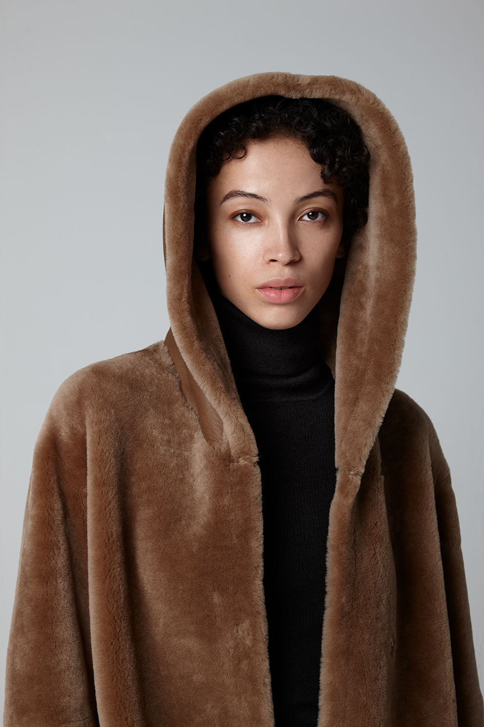 Camel Hooded Shearling Coat - model hood up - women | Gushlow & Cole