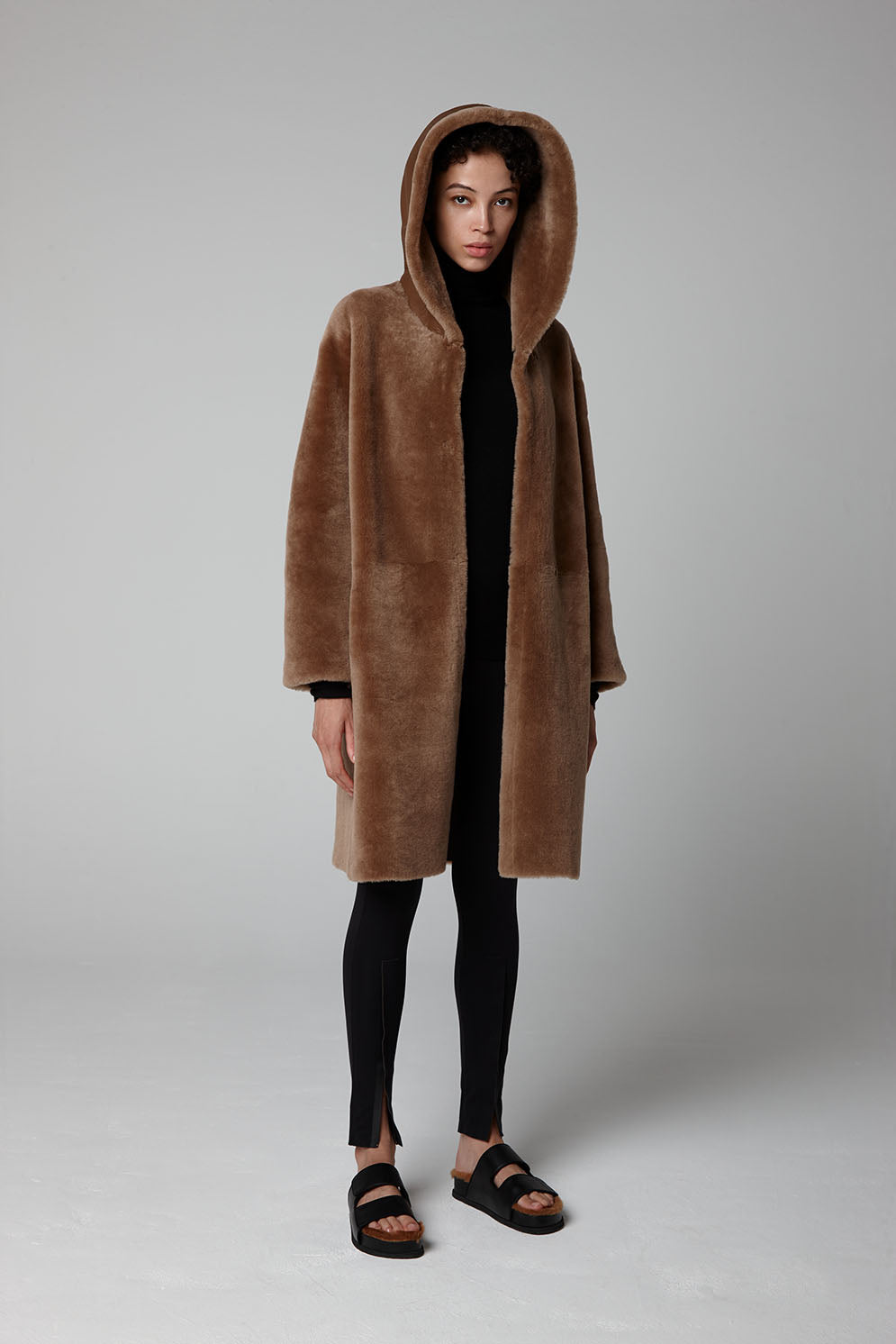 Camel Hooded Shearling Coat - model full length hood up - women | Gushlow & Cole