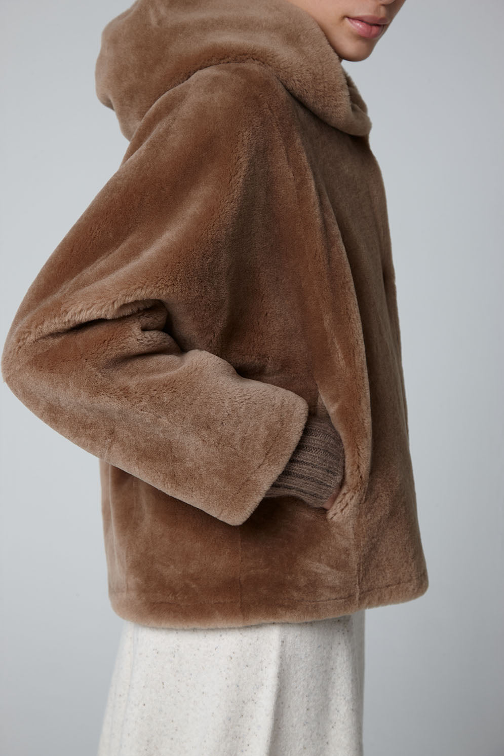 Camel Hooded Shearling Jacket - model crop - women | Gushlow & Cole