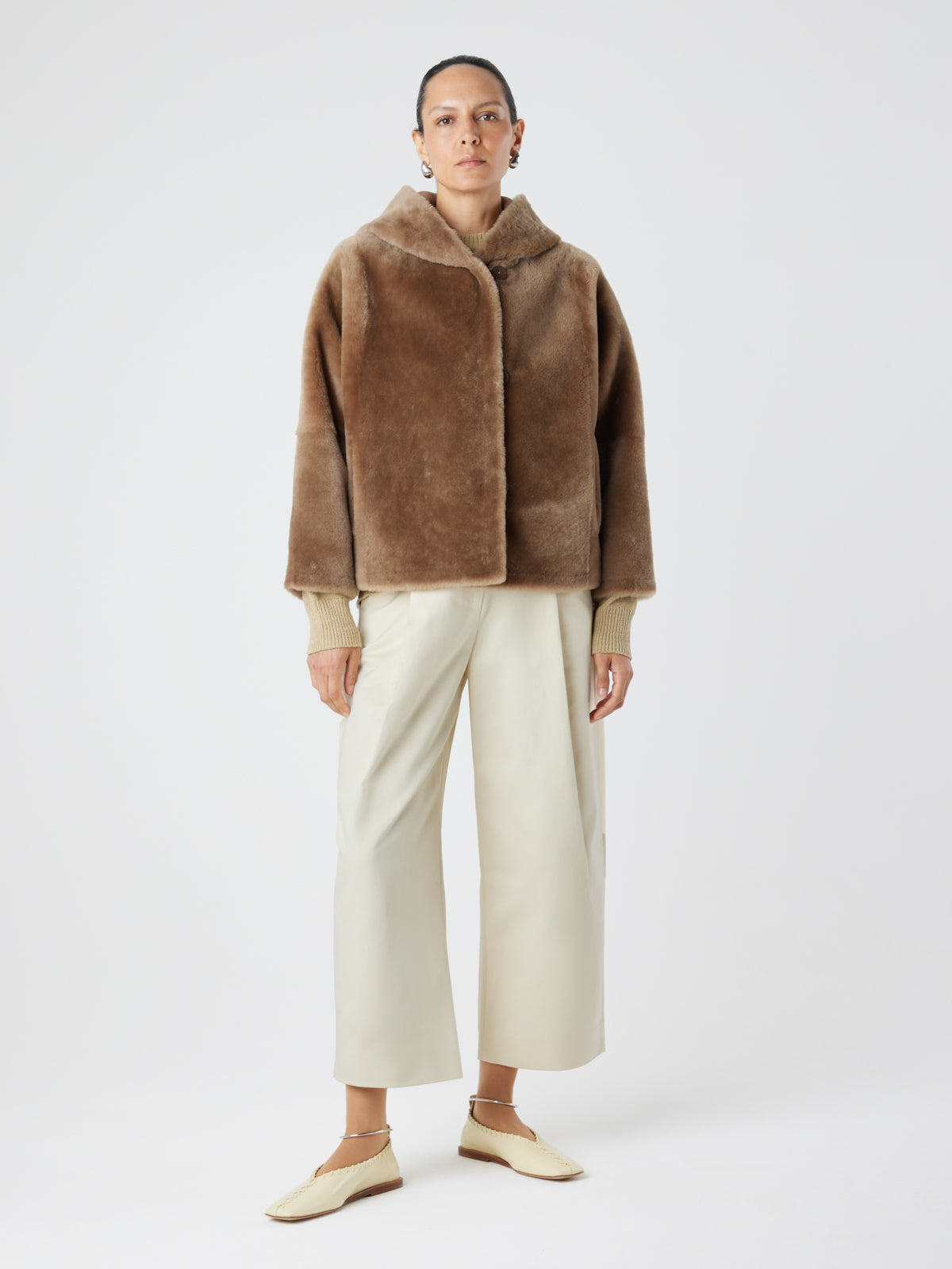 Camel Hooded Shearling Jacket | Womens | Gushlow & Cole-model full length jacket closed wool out