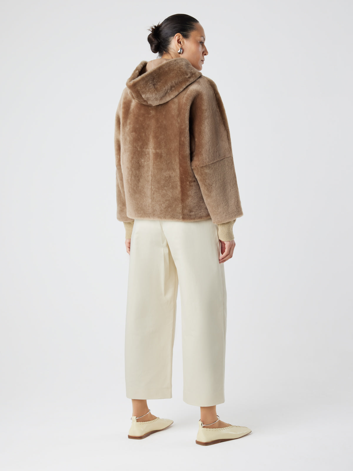 Camel Hooded Shearling Jacket | Womens | Gushlow & Cole-model full length back