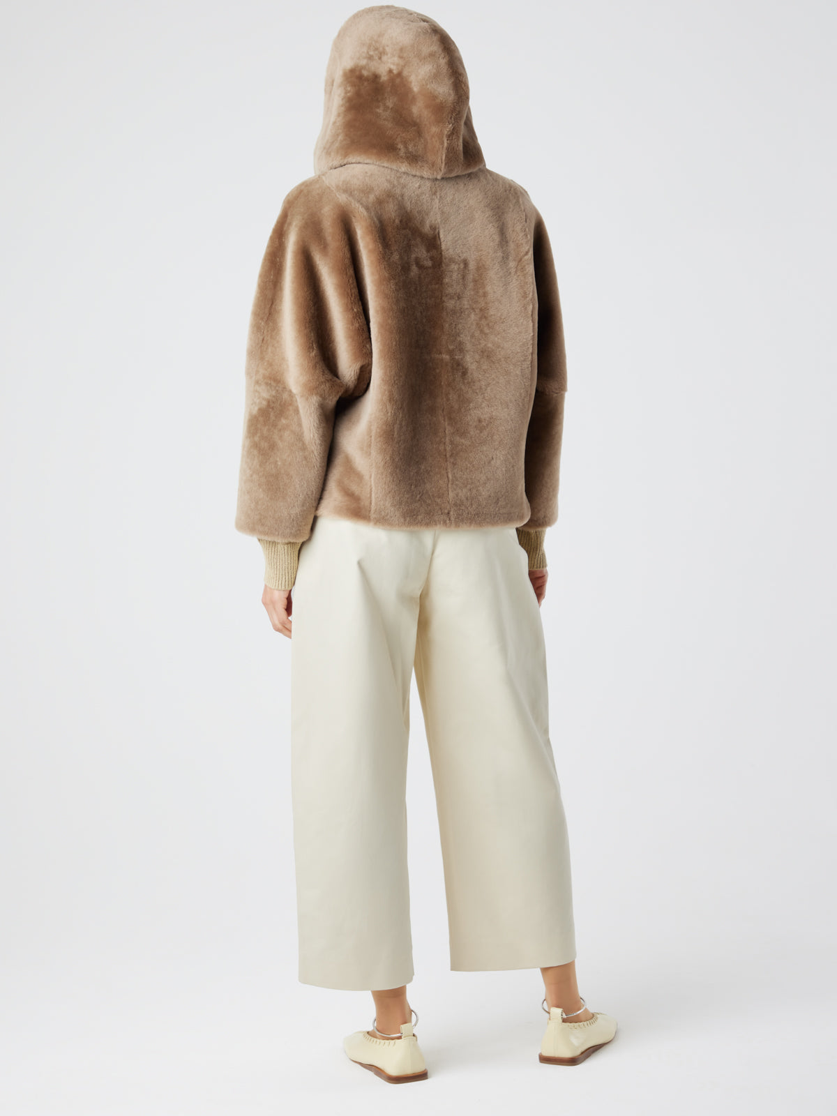 Camel Hooded Shearling Jacket | Womens | Gushlow & Cole-model full length jacket back