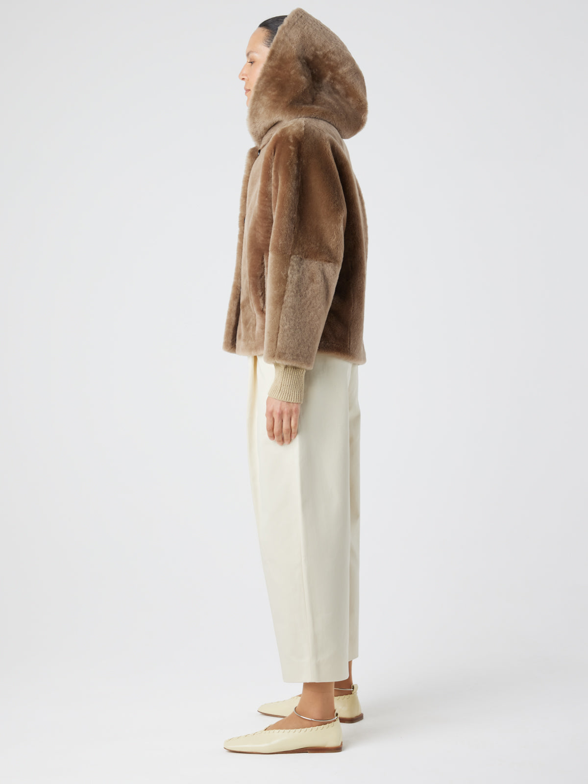 Camel Hooded Shearling Jacket | Womens | Gushlow & Cole-model full length jacket side