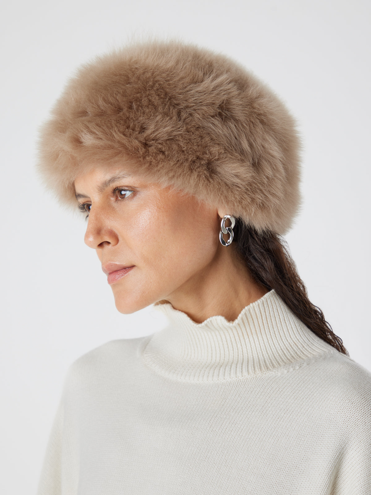 woman wearing camel Shearling Russian Hat by gushlow & cole