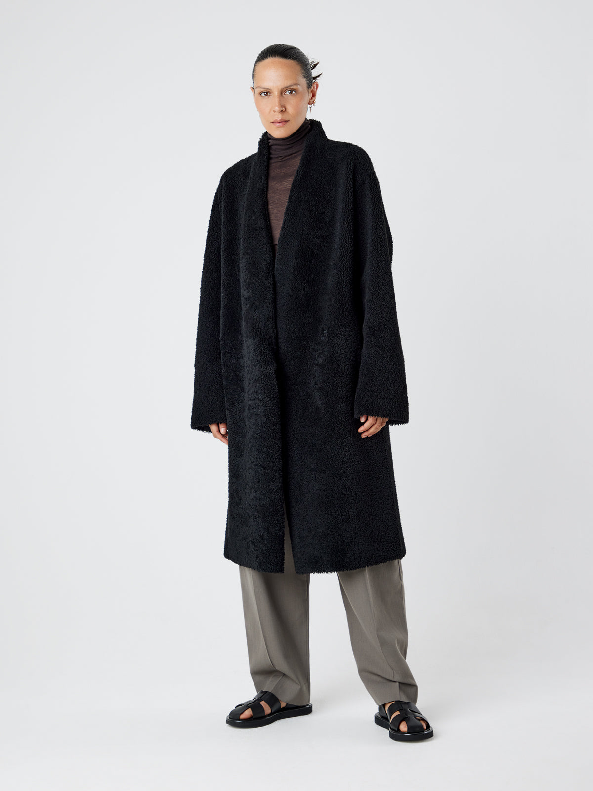 Collarless Black Shearling Wrap Coat | Womens | Gushlow & Cole - model length leather out coat front