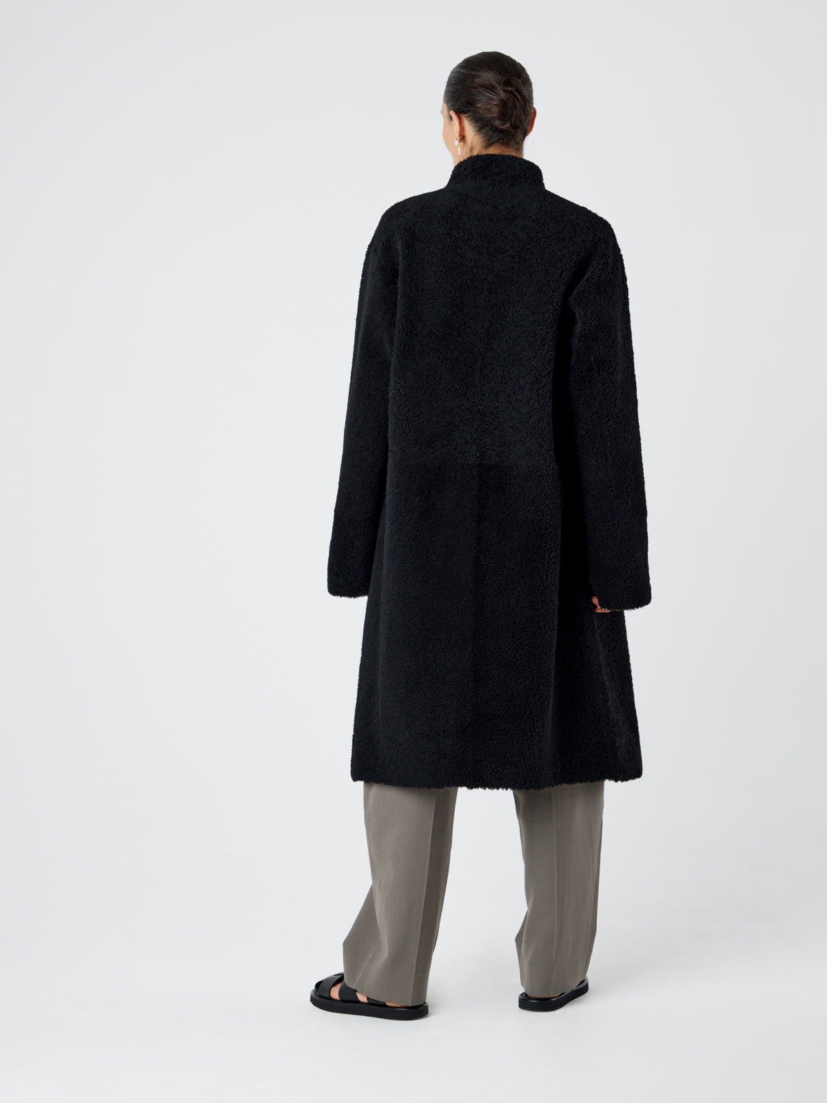 Collarless Black Shearling Wrap Coat | Womens | Gushlow & Cole - model length leather out coat back