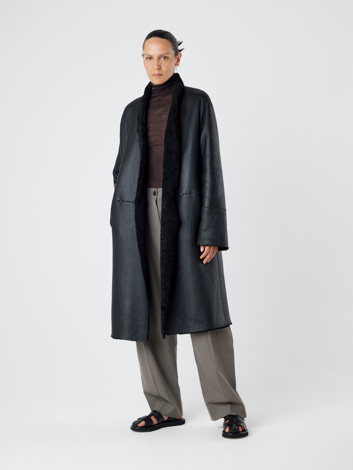 Collarless Black Shearling Wrap Coat | Womens | Gushlow & Cole - model length leather out coat open