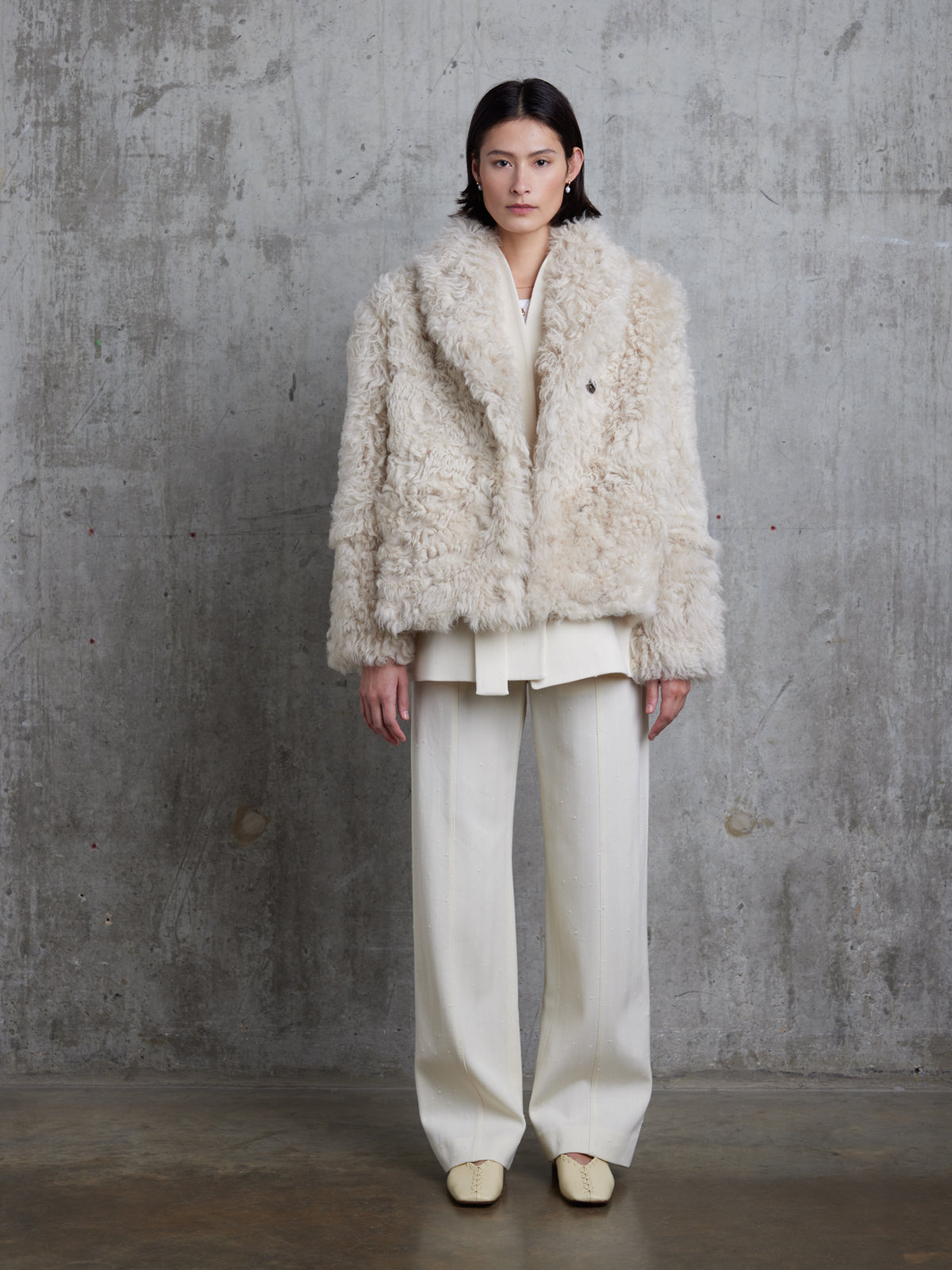 Cream Curly Shearling Jacket | Womens | Gushlow & Cole - model full length front