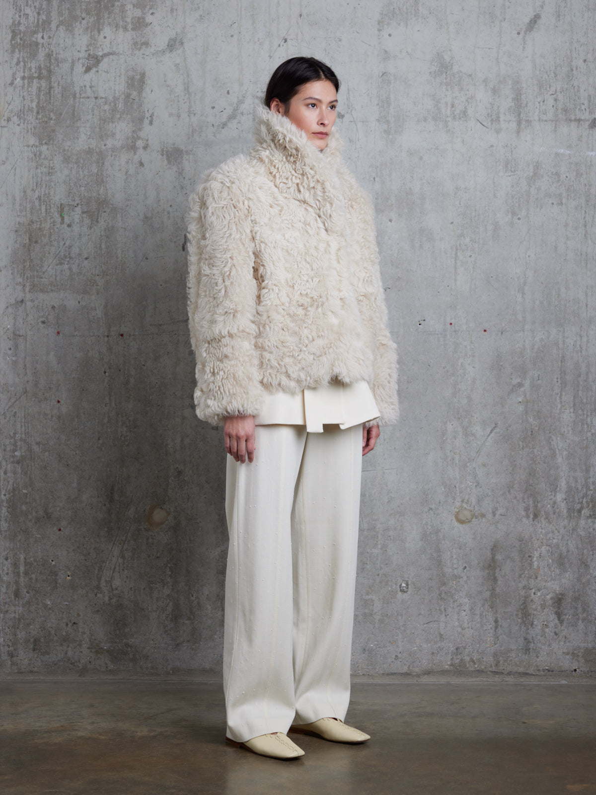 Cream Curly Shearling Jacket | Womens | Gushlow & Cole - model full length side