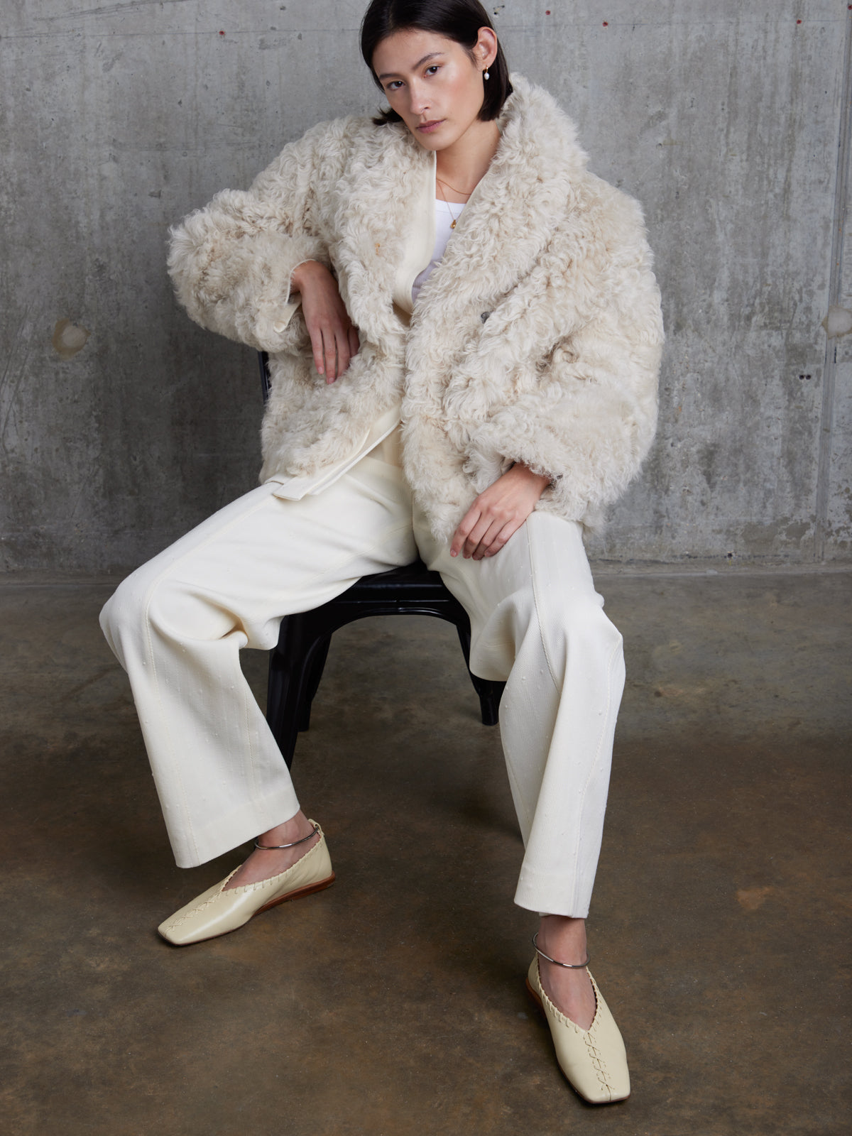 Cream Curly Shearling Jacket | Womens | Gushlow & Cole - model sitting