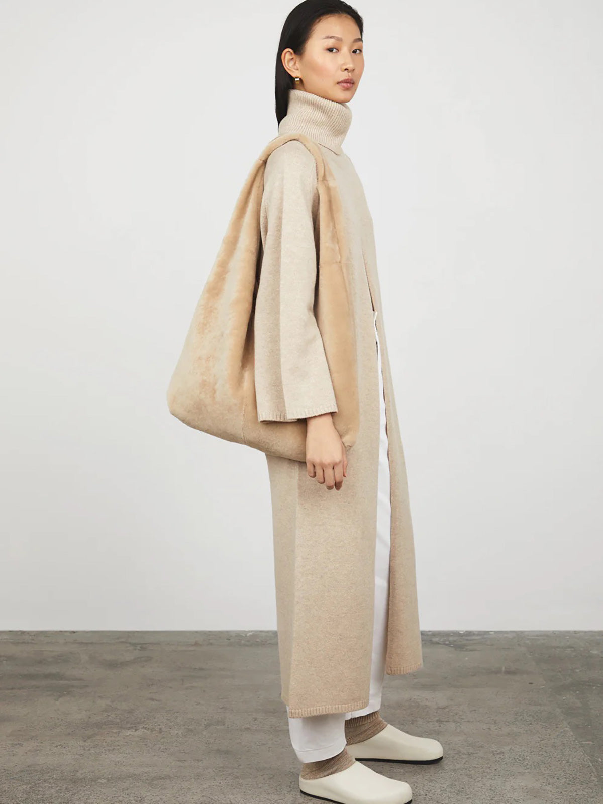 Cream Large Shearling Slouch Bag gushlow and cole womens shearling model side