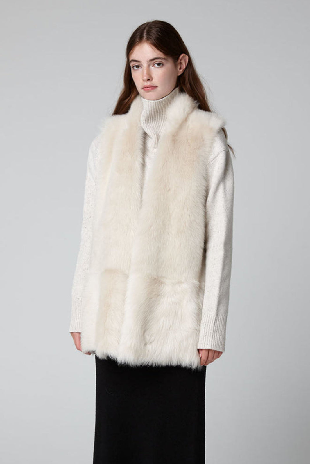 Cream Mid Length Rough Cut Mixed Shearling Gilet - model full length wool out - women | gushlow & cole