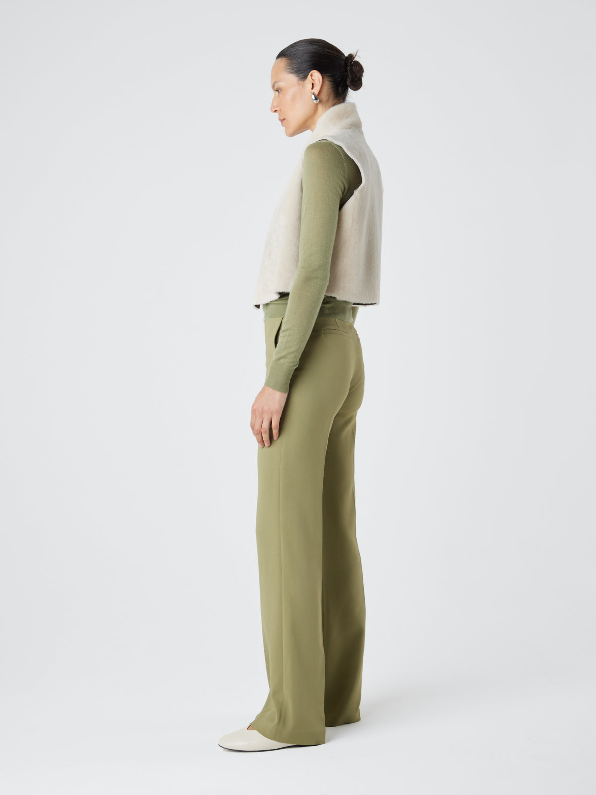 Cream Short Shearling Gilet | Womens | Gushlow & Cole - model full length side