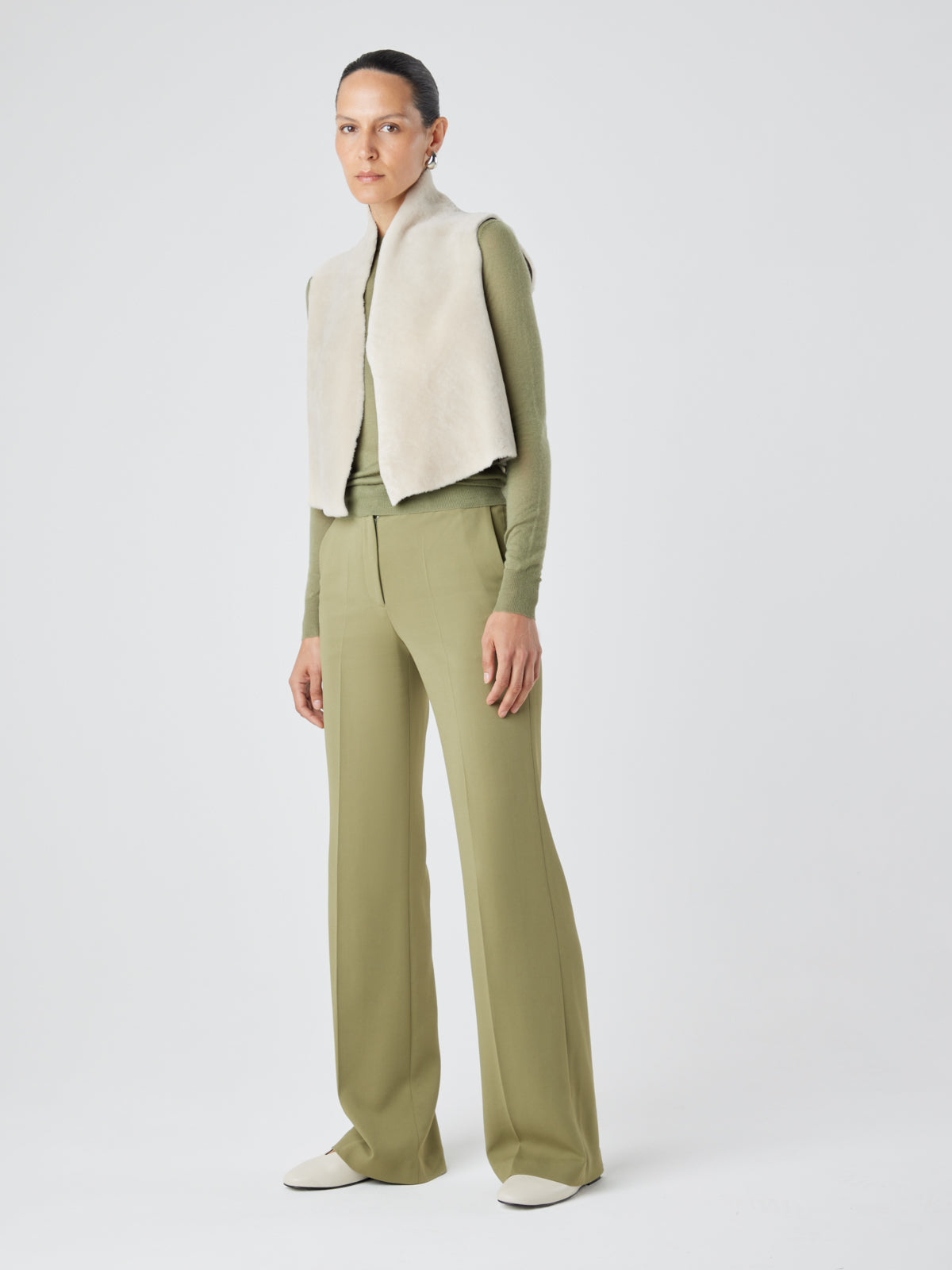 Cream Short Shearling Gilet | Womens | Gushlow & Cole - model full length front