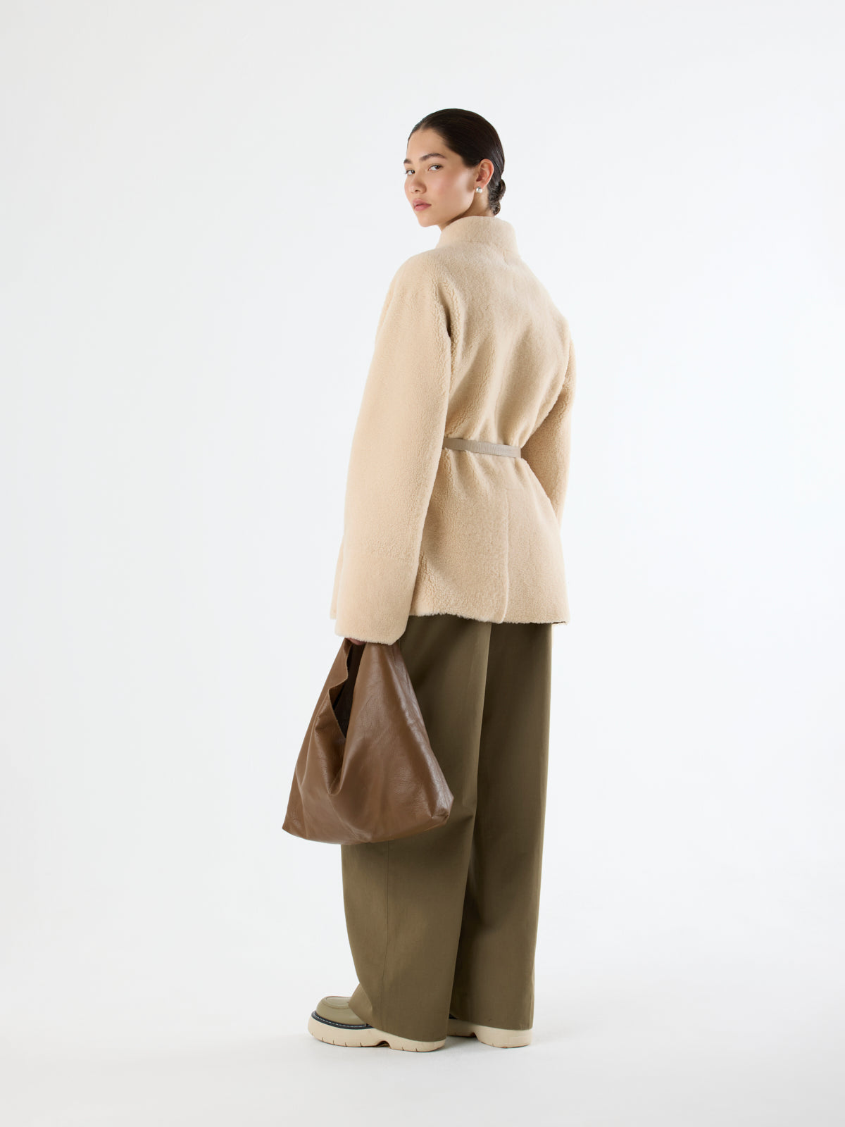 Collarless Shearling Wrap Jacket