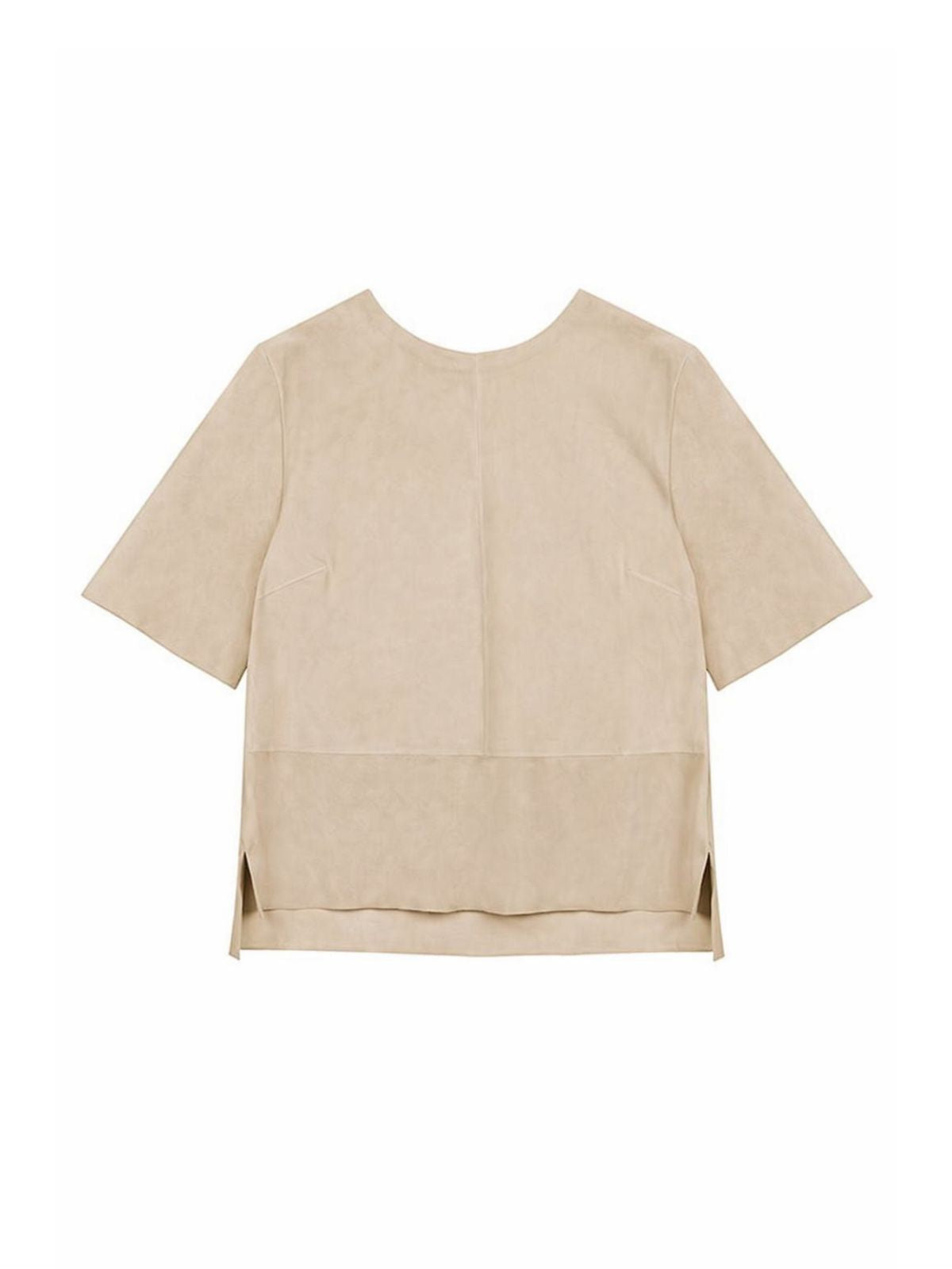 cut out of cream suede t shirt top and cream skirt on white background by gushlow & cole