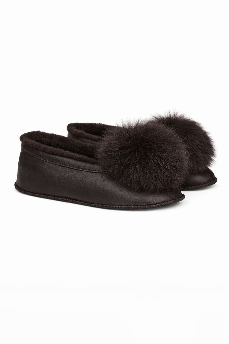 Pair of Dark Brown Margot Shearling Slippers for Women by Gushlow & Cole on white background