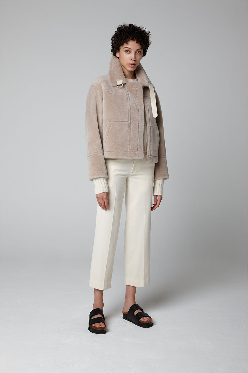 Ecru Shearling Aviator Jacket - model full length wool out - women | gushlow & cole