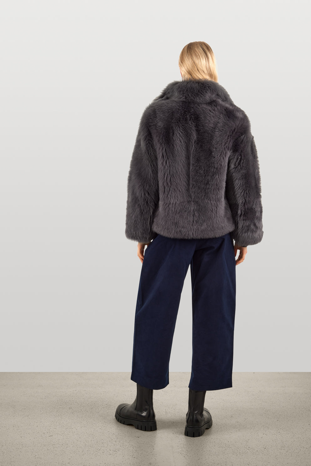 Funnel Collar Grey Shearling Jacket | Womens | Gushlow & Cole - model full length back