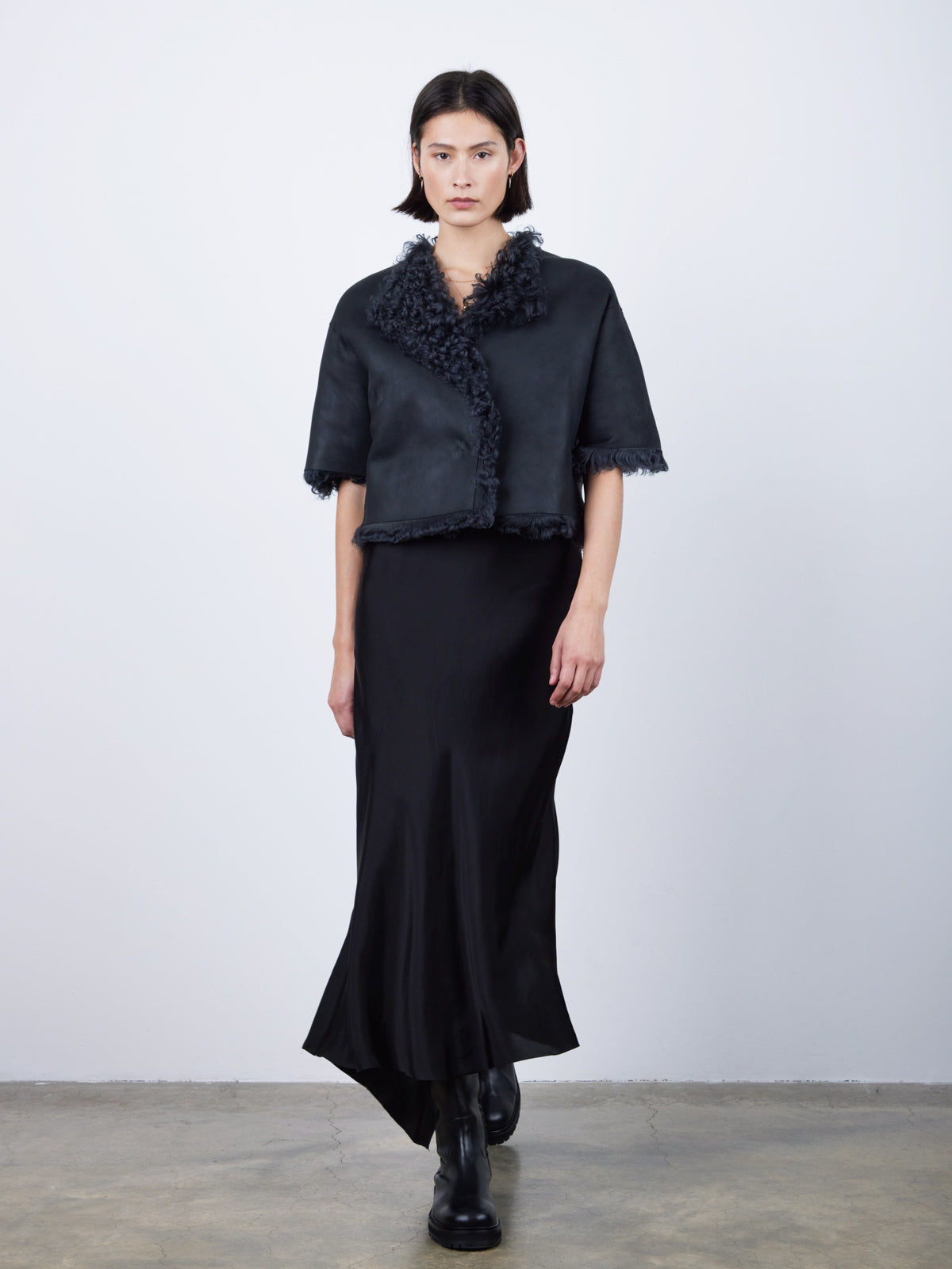 Graphite Black Shearling Jacket | Womens | Gushlow & Cole-model full length reversed front